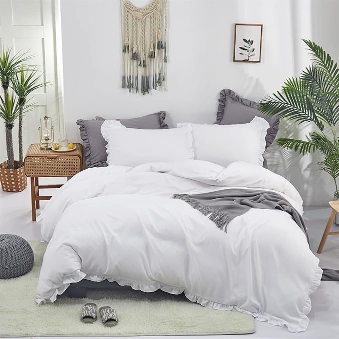 Luxlovery White Comforter Set California King Ruffle White Bedding Comforter Set Plain White Shabby Chic Farmhouse Blanket Quilts Vintage Rustic Bedding Set for Cal King Bed