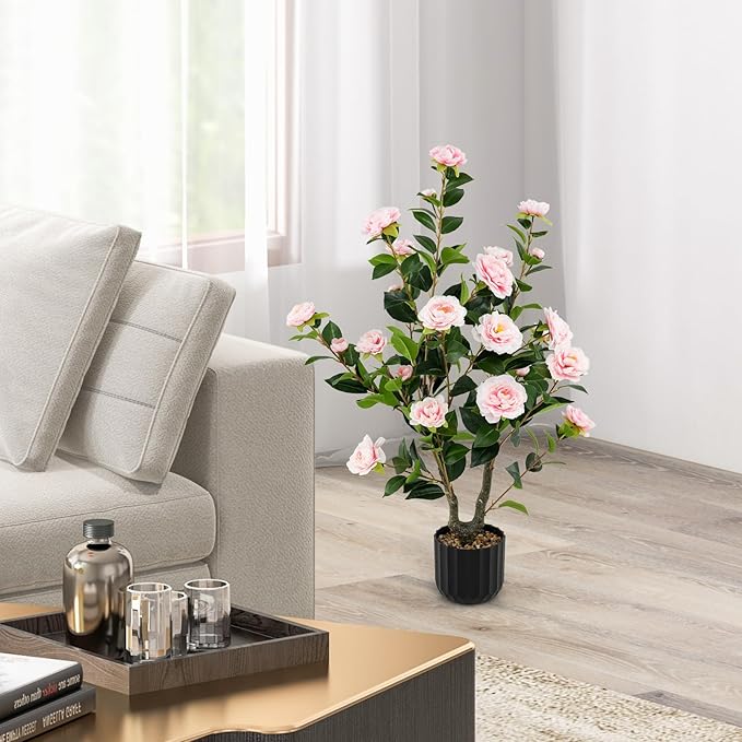 Goplus 38’’ Artificial Camellia Tree, Flower Plants Artificial Tree, Faux Floral Plant Blooming Tree in Cement Pot, Greenery Potted Plant for Indoor Outdoor Office Home Porch Decor