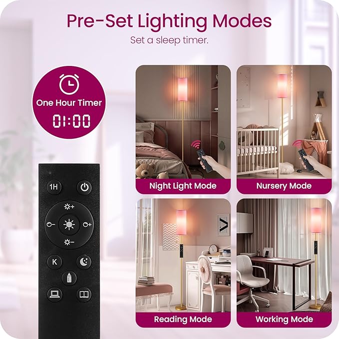 Dimmable Pink Floor Lamp for Living Room with Remote and Foot Switch, Corner Floor Lamp, 66'' Standing Tall Lamp, 10W 900LM Bulb Included, 3000K-6500K, Linen Shade, Gold Pink, FCC Listed DP06LD05W1
