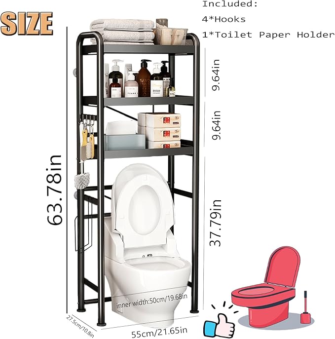 Over-The-Toilet-Storage, 3 Tier Over Toilet Bathroom Organizer Overhead Toilet Storage Organizer Shelf Freestanding Space-Saving Toilet Rack for Room Storage Organizer.