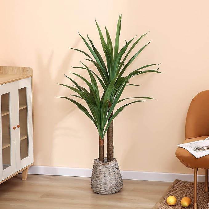 Dracaena Indoor Plant 4ft Tall Faux Plants Indoor Large Fake Plants Potted Yucca Tree Tropical Floor Plant Artificial Silk Palm Trees for Home Office Decor Housewarming Gift