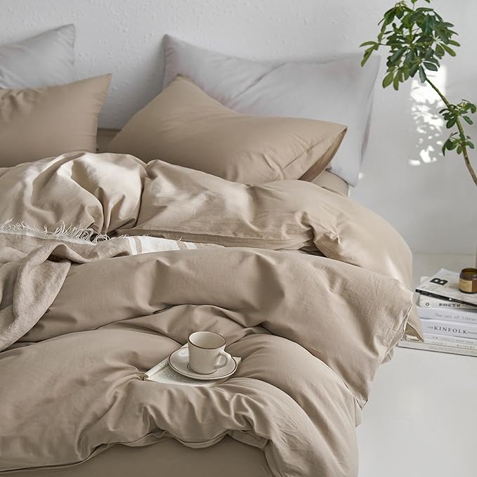 MooMee Queen Duvet Cover Set, 100% Washed Cotton Linen Like Twill Thick Sturdy Material Super Soft Breathable Durable Bedding for All Season, 3 Pieces (Mocha Brown, Queen 90"x90")