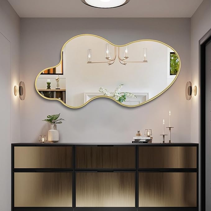 Gold Irregular Mirror, 23.6"x46.5" Asymmetrical Wall Mirror, Large Waved Mirrors with Metal Frame, Cloud Shaped Mirrors for Living Room Bathroom Bedroom Hallway Entryway Fireplace