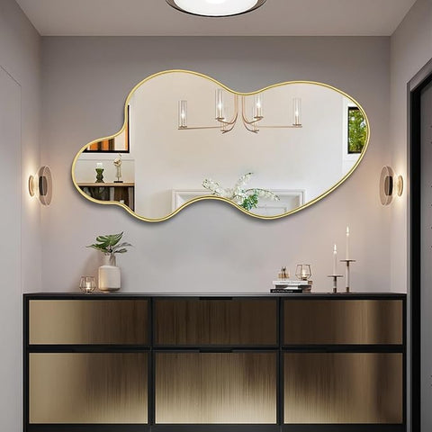 Gold Irregular Mirror, 23.6"x46.5" Asymmetrical Wall Mirror, Large Waved Mirrors with Metal Frame, Cloud Shaped Mirrors for Living Room Bathroom Bedroom Hallway Entryway Fireplace