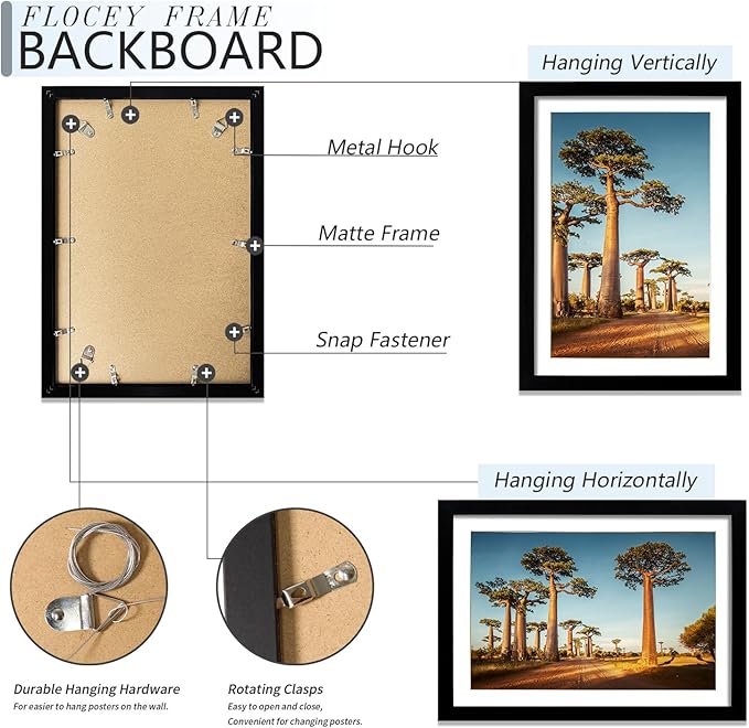 13x19 Picture Frame Set of 5, Black Poster Frame, Display Pictures 11 x 17 with Mat or 13 x 19 Without Mat for Horizontal or Vertical Wall Mounting, Wall Gallery Frame