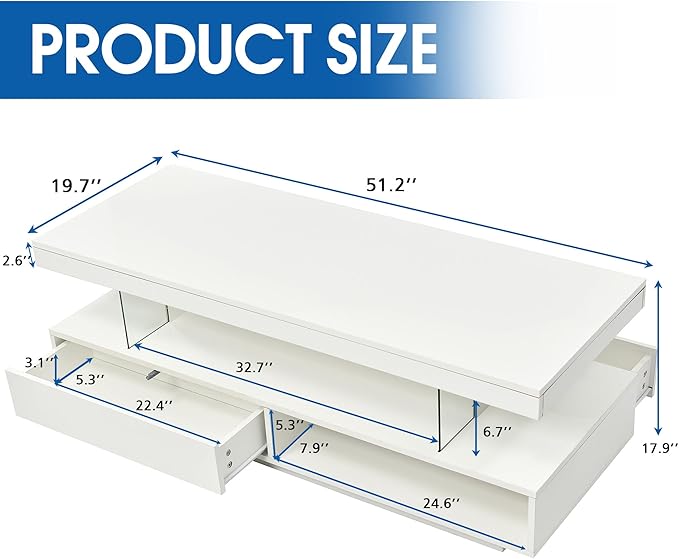 LED Coffee Table with Storage, High Glossy LED Coffee Tables for Living Room, Center Table with Open Display Shelf & Sliding Drawers, (White)