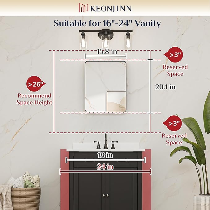 Keonjinn Black Bathroom Mirror for Over Sink, 16 x 20 Inch Rounded Rectangle Bathroom Vanity Mirror, Matte Black Farmhouse Mirror for Wall, HD Tempered Glass, Seamless Aluminum Alloy Frame Mirror