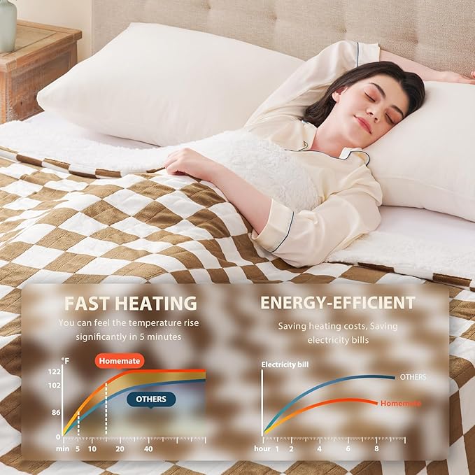 Homemate Electric Blanket Heated Queen Size - 84“x90“ Ultra Soft Cozy Flannel Heating Blanket with 10 Fast Heat Levels 8 Hours Auto Off Over-Heated Protection ETL Certification Keep Warm in Home