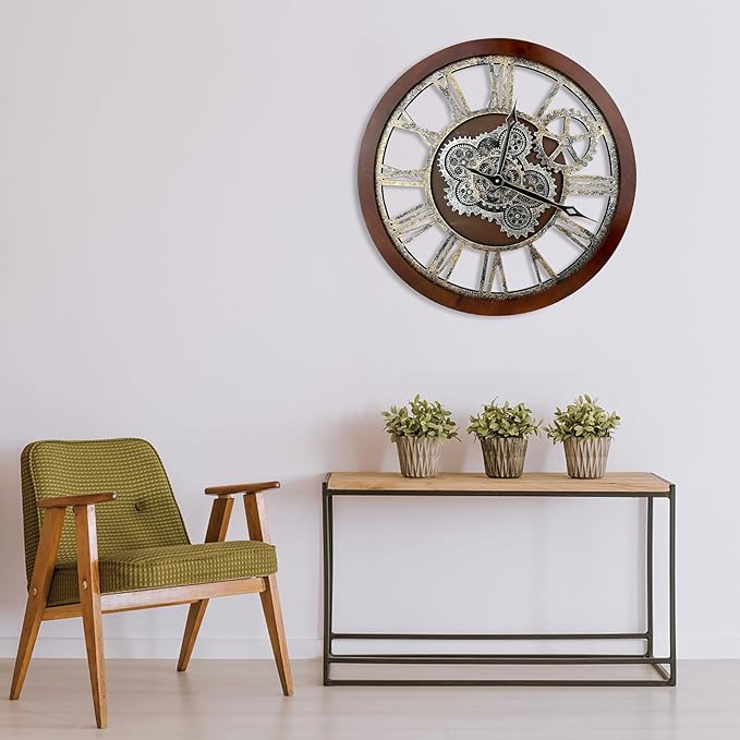 HOIBAI Farmhouse Vintage Industrial Oversized Wall Clock - 24 in (60cm) Moving Gear Wall Clock for Living Room Decor