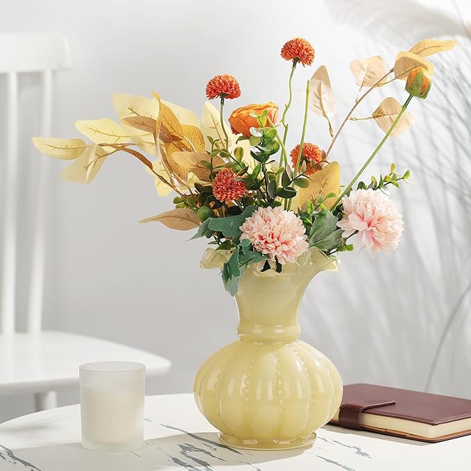 Joeyan Handmade Yellow Glass Flower Vase,7.9" Vintage Decorative Urn Vase for Centrepieces Bouquet Wedding,Colored Thickened Pedestal Vase Decorations for Rustic Home Living Room Office Farmhouse