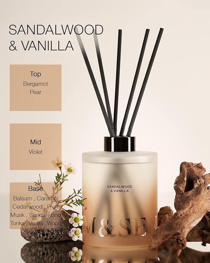M&SENSE Sandalwood & Vanilla Reed Diffuser Set - 16.9 fl oz Long-Lasting Scent, Non-Toxic Essential Oil Diffuser for Home, Fragrance Diffuser Housewarming Gift & Bathroom Bedroom Decor