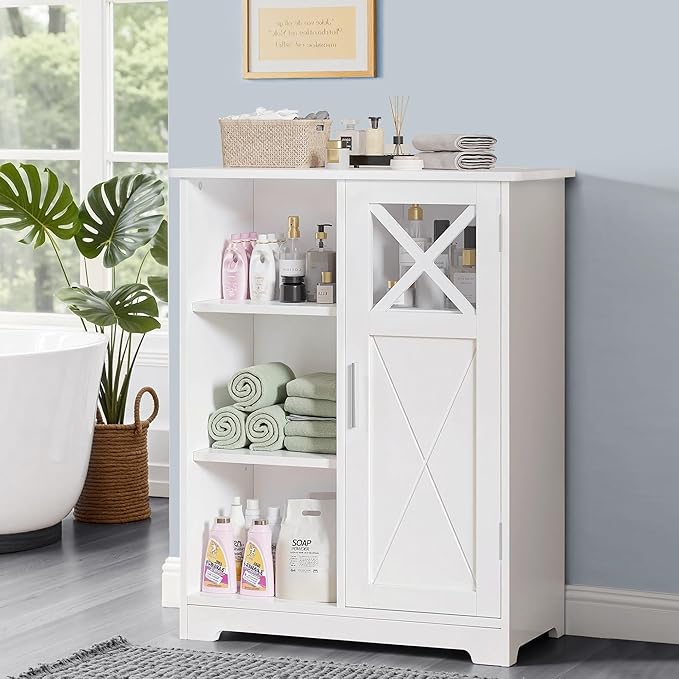 VECELO Bathroom Floor Storage Cabinet with 2 Adjustable Shelves, Freestanding Cabinet with 1 Door & 3 Open Compartments for Bathroom, White
