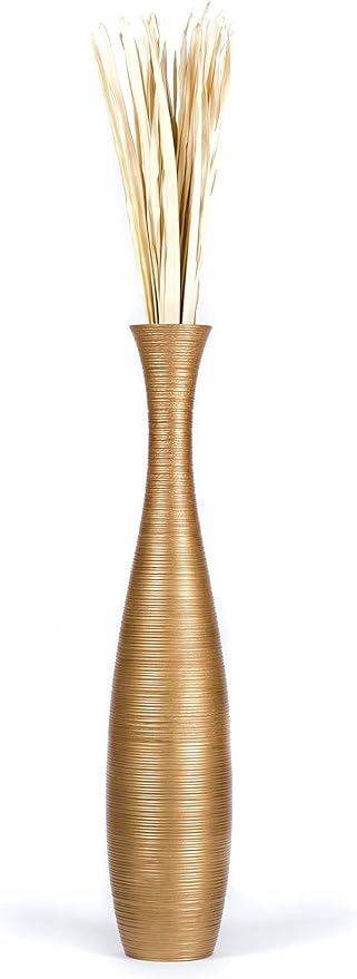 Leewadee Large Gold Home Decor Floor Vase – Wooden 41 inches Tall Farmhouse Decor Flower Holder for Fake Plant and Pampas Grass