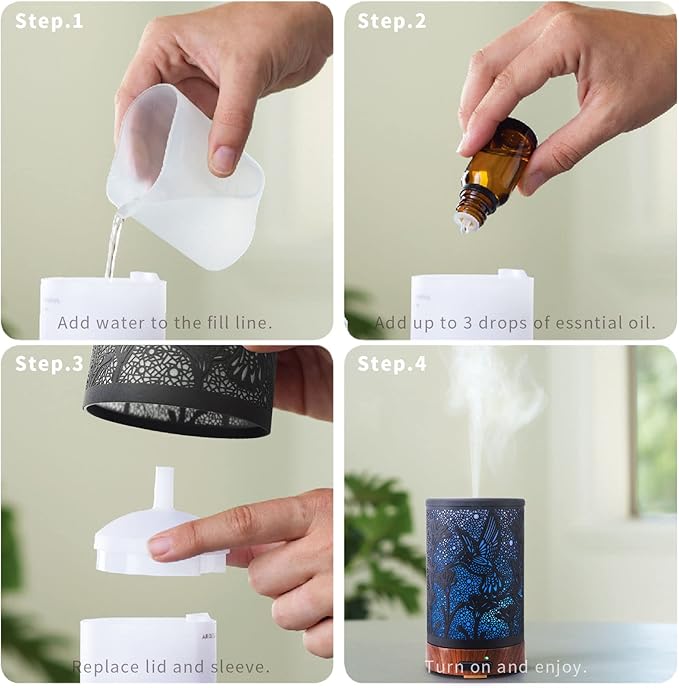 Essential Oil Diffuser - Multifunction Aromatherapy Diffuser 7 LED Color Changing Light 150ML Metal Diffuser Easy to Clean Suitable for Home,Office (Hummingbird)