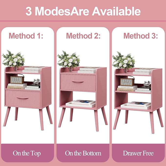NightStand with Open Shelf,Night Stand with Drawer Storage Side Tables End Table,Bedside Table with Solid Wood Feet,Mid Century Night Stands for Bedroom Sofa Couch Small Spaces (Pink)