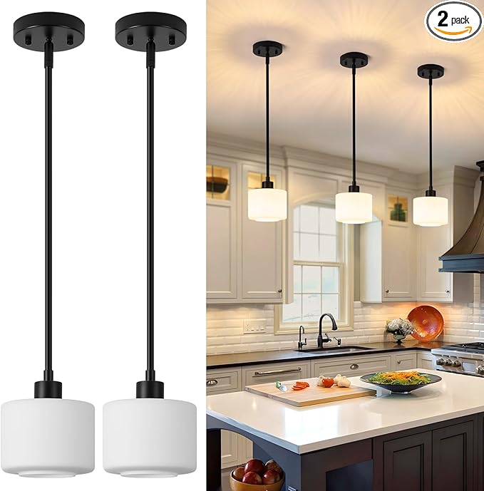 Black Pendant Lights Kitchen Island 2 Pack, Modern Milk Glass Hanging Light Fixtures with Rods, Mini Kitchen Pendant Lighting Over Island for Sink Bathroom, OS-YQ8153-2PBK