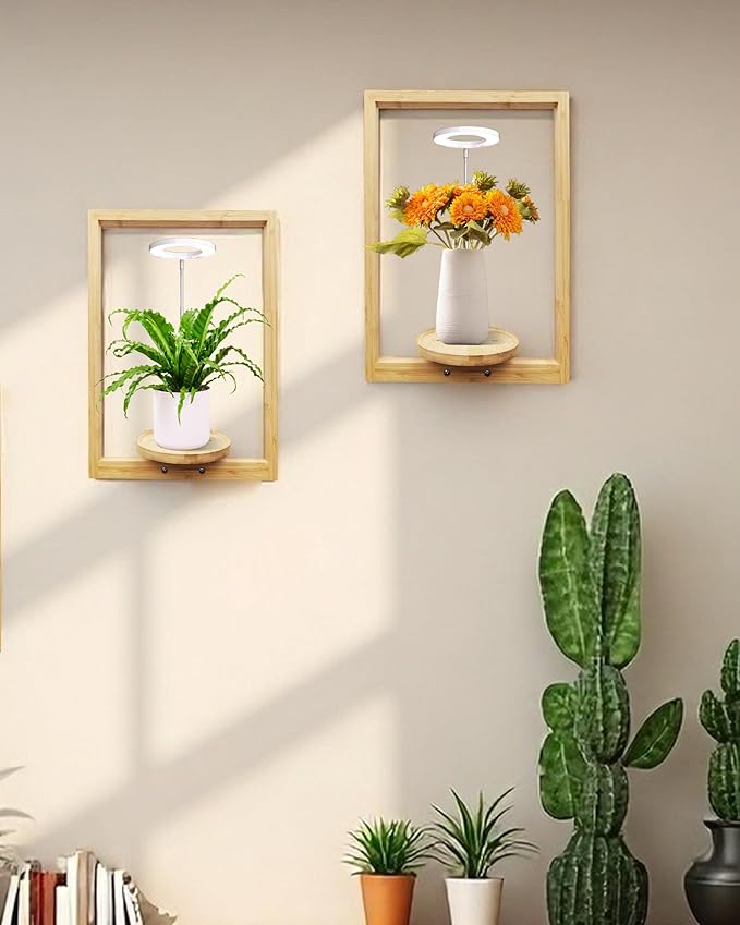 yadoker Wall Planters for Indoor Plants,Bamboo Hanging Plant Holders, Wall Decor Plant Stand, 2-Pack Window Plant Shelves with Plant Light> for Living Room & Entryway