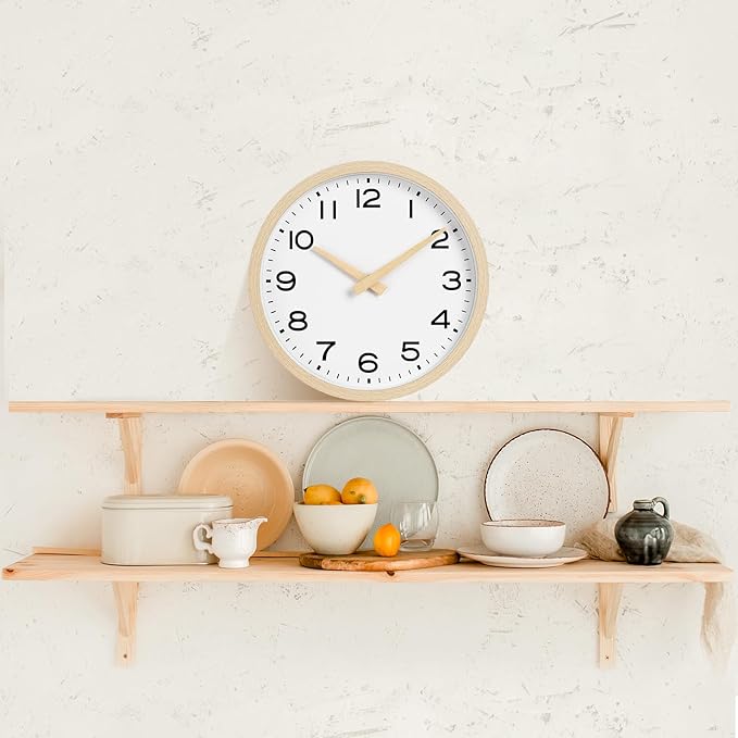 AKCISOT Wall Clock 12 Inch,Boho Office Wall Clocks Battery Operated Non Ticking,Silent Modern Clock Decorative for Kitchen,Bedroom,Living Room,Classroom(Wood Grain)