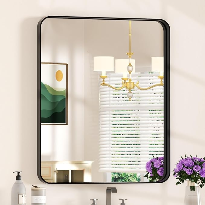 30×36 Framed Mirrors for Wall - Rectangle Black Vanity Mirror with Tempered Glass & Rounded Corners for Bathroom Sink, Bedroom, Hallway, Restroom, Rustproof Frame, Horizontal/Vertical, Modern