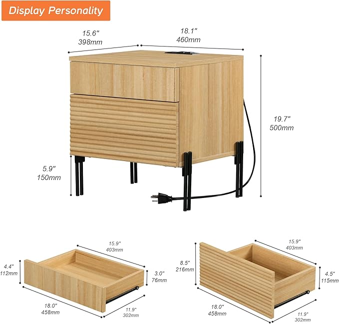 WAMPAT Fluted Nightstand with Charging Station,19.7" Tall Mid Century Modern Night Stands, Wood Side End Table with 2 Drawers, Wood Bedside Table with Metal Legs for Bedroom,Living Room, Oak