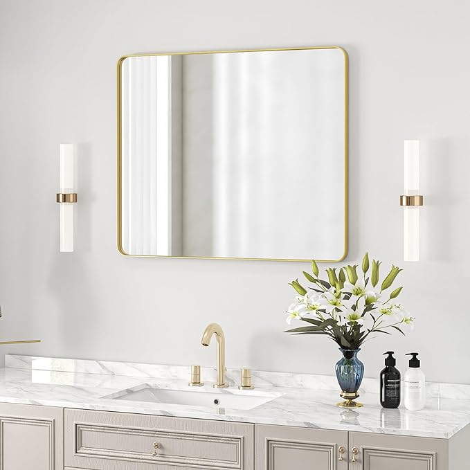 Bathroom Mirror 30x36 inch, Rustproof Aluminum Metal Framed Mirror for Wall, Matte Gold Bathroom Vanity Mirror, Shatterppoof Mirror, Living Room, Hanging or Leaning Horizontal or Vertical