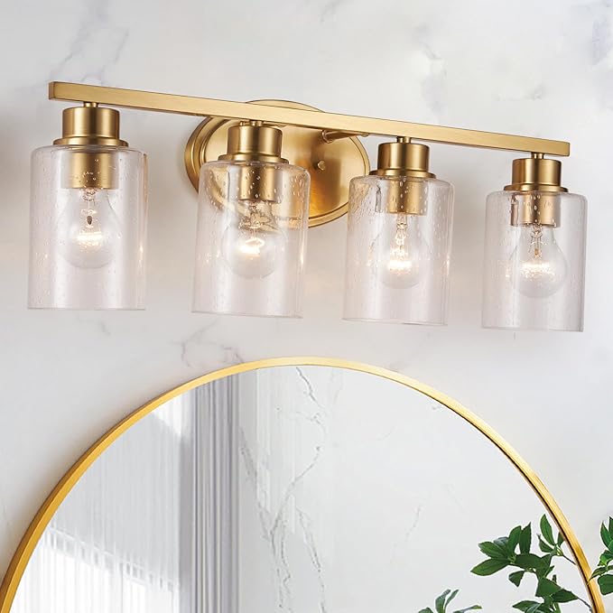 Modern Brushed Gold Bathroom Vanity Light Fixtures Over Mirror, 4 Light Rectangular Wall Mount with Clear Seeded Glass, Anti-Rust, 24.02 x 11.61 x 8.07 inches