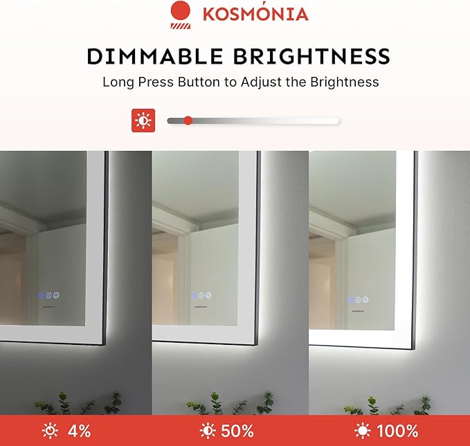 28x36'' LED Bathroom Mirror w/Light, Aluminum Frame, Dimmable Front & Backlit, Anti-Fog, Distortion Free, Light Memory, Tempered & Shatter-Proof Wall Mounted Vanity Silver Coating Mirror