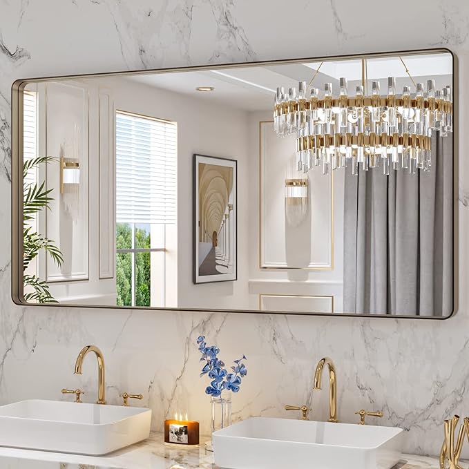 LOAAO 60”X30” Bronze Bathroom Mirrors for Vanity, Rounded Rectangle Brushed Bronze Metal Frame Mirror, Anti-Rust, Tempered Glass, Hangs Horizontally or Vertically
