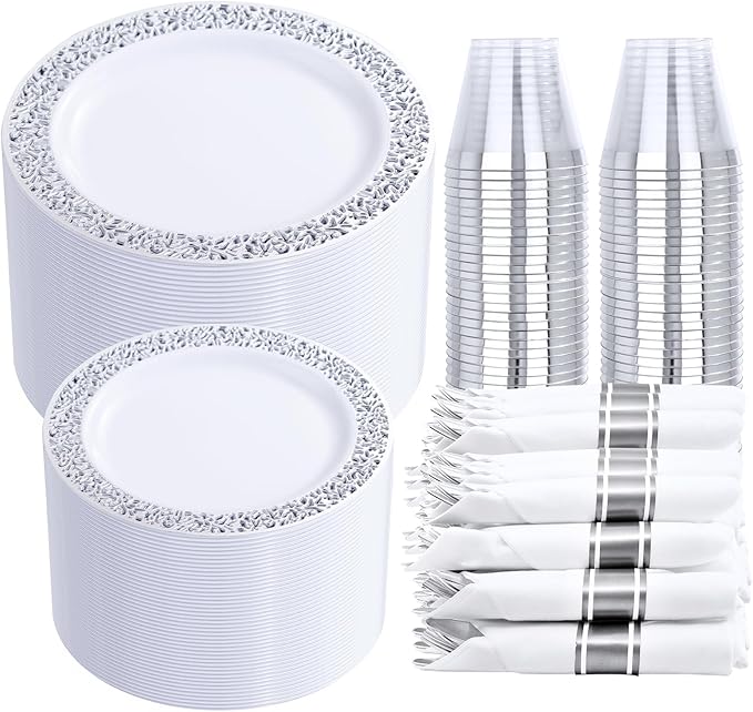DaYammi 210PCS Silver Plastic Dinnerware Set, Silver Disposable Plates, Includes:30 Dinner Plates,30 Salad Plates,30 Cups 9 OZ and 30 Pre Rolled Napkins with Cutlery Heavy Duty for Party