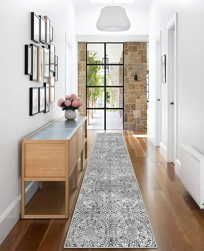 vivorug Runner Rug 2'x8' Machine Washable Non-Slip Runners for Hallways Kitchen Entryway Laundry Room Vintage Medallion Carpet Hallway Runner Grey