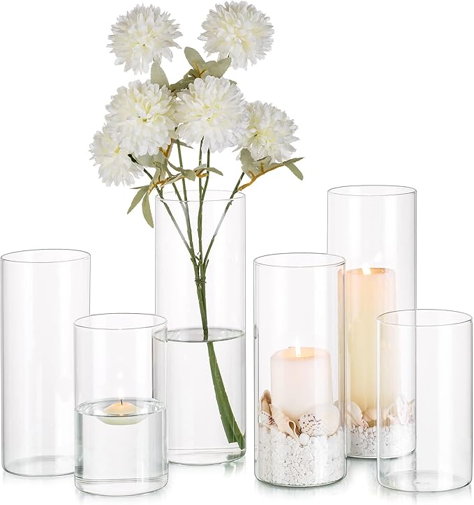 Glasseam Cylinder Vases for Centerpieces, Clear Glass Cylinder Vase Set of 6, Modern Floating Candle Vases for Flowers, Hurricane Vase Decor Candle Holders for Pillar Candles Wedding Decorations