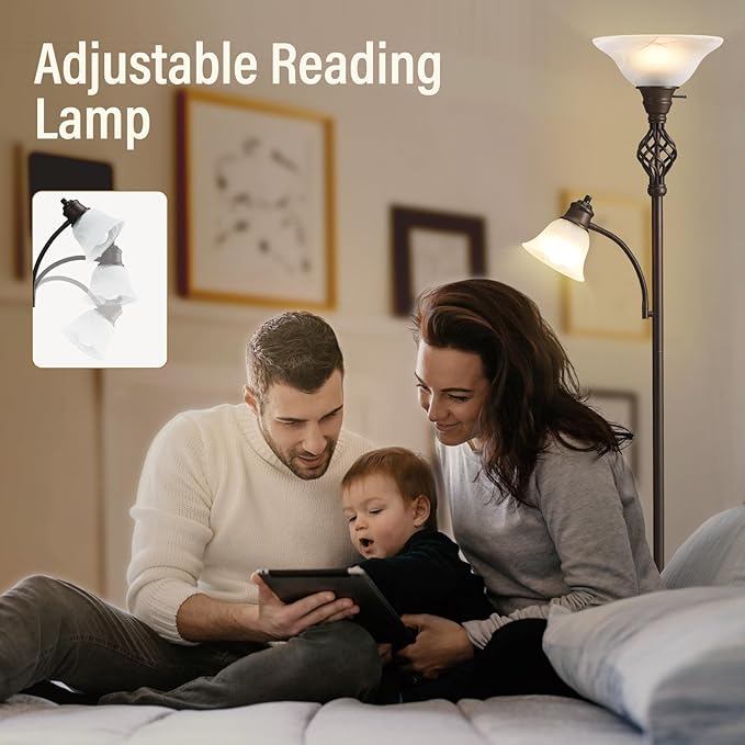 Torchiere Floor Lamp for Living Room, LED Standing Reading Light for Bedroom with Glass Shade for Living Room Corner Bedroom Home Office,Bulbs Included (Red Brown,Glass 2 Head)