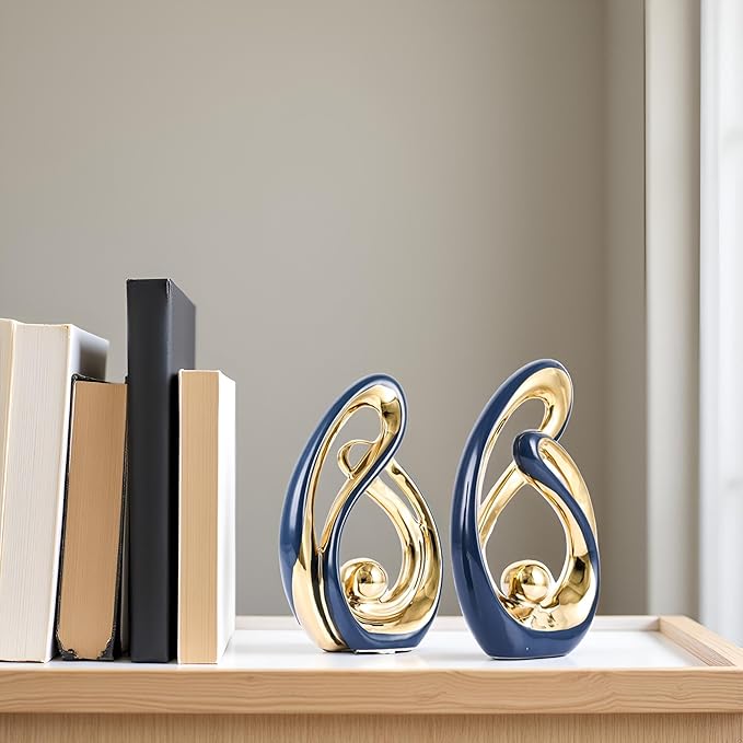 XMGZQ Home Decor Accent,Porcelain Art Mid Century Bookshelf Decorations,Gold Centerpieces for Tables,Abstract Ceramic Statue Sculpture for Coffee Table Mantel Tv Stand Centerpieces (Blue, Small)