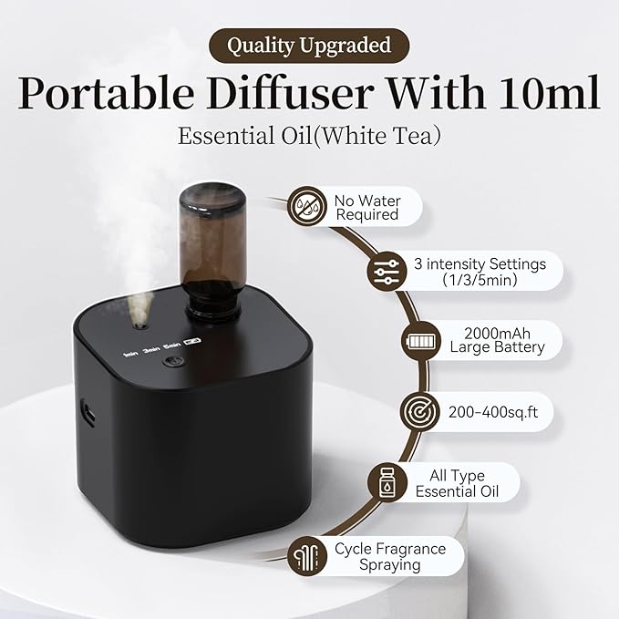 Scent Diffuser,Waterless Essential Oil Diffuser,Mini Portable Aroma Diffuser with Battery Operated,3 Mist Modes,Cycle Start,for 400 sq.ft Room,Home,Bedroom,Includes 3x10ml Essential Oils，Black