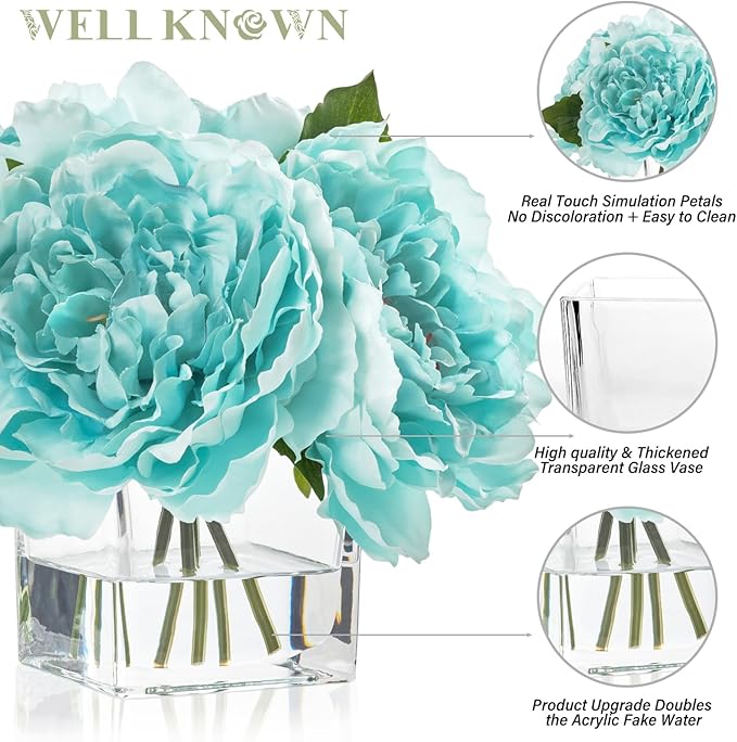 Artificial Peonies Flowers Arrangements in Cube Glass Vase, WELLKNOWN Silk Flower Centerpieces for Dining Room Table, Coffee Table Decor, Faux Peony Flowers with Faux Water(Light Teal Blue)