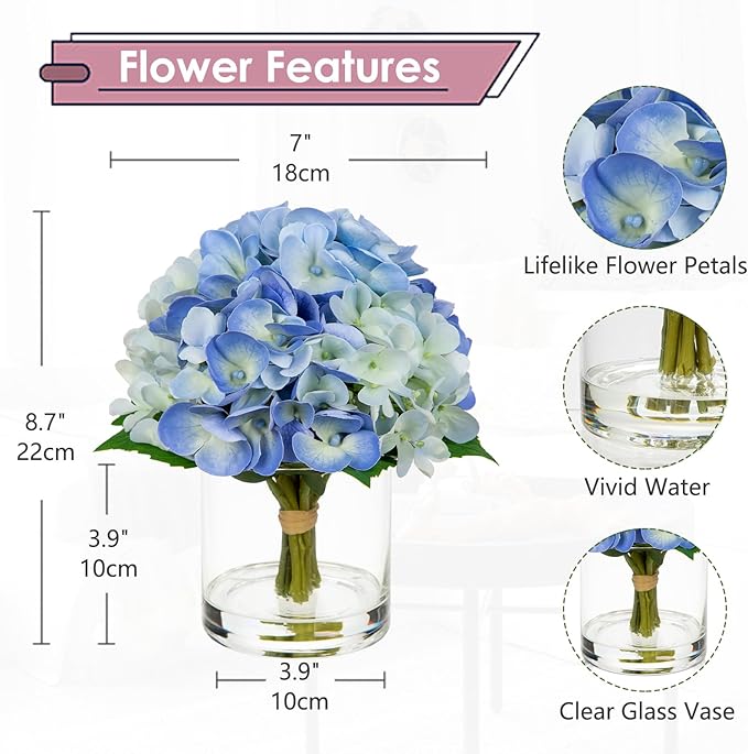 Hollyone Blue Hydrangea Artificial Flowers in Vase Latex Real Touch Small Faux Hydrangea Flowers Arrangements Hydrangeas Fake Flower with Glass Vase with Faux Water for Table Centerpiece Home Decor