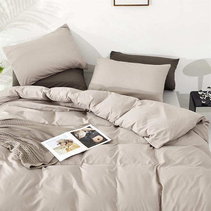 Luxlovery Beige Khaki Comforter Set Queen Beige Bedding Set Oatmeal Blanket Quilts Solid Cream Khaki Taupe 3PCS Queen Comforter Set Women Men