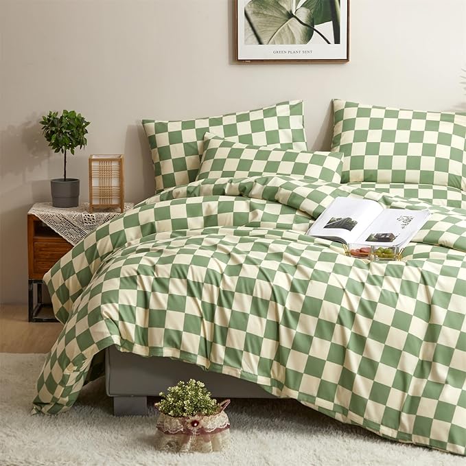 CLOTHKNOW Green White Plaid Comforter Set Twin/Twin XL Grid Bedding Comforter Sets Buffalo Checnker Comforter Soft Green White Comforter Sets