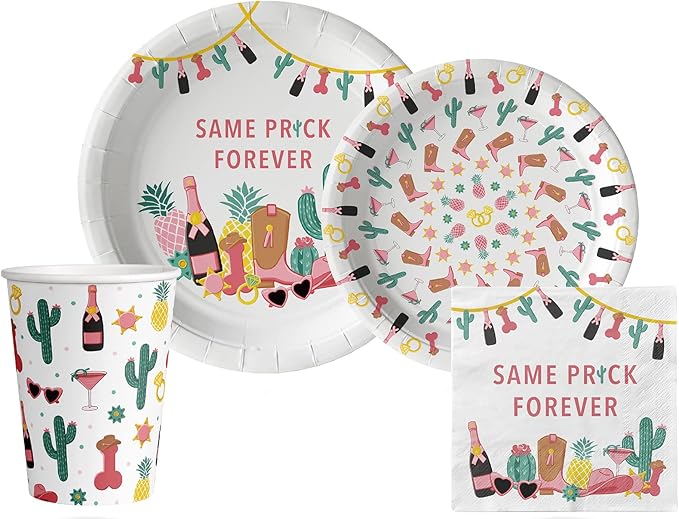 Bachelorette "Same Prick Forever" Tableware Pack: Disposable Paper Plates, Napkins and Cups Set for 20