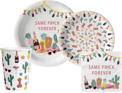 Bachelorette "Same Prick Forever" Tableware Pack: Disposable Paper Plates, Napkins and Cups Set for 20