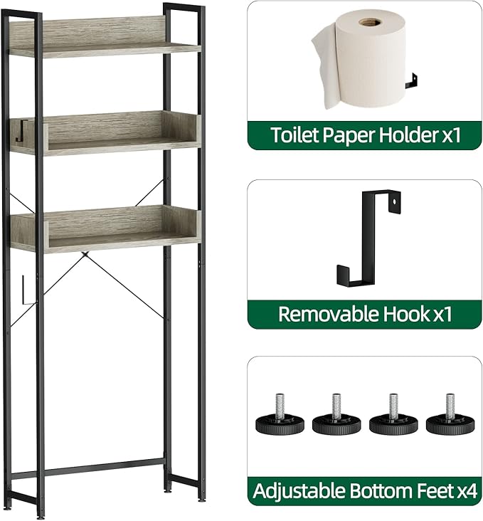 OTK Over-The-Toilet Storage, 3 Tier Bathroom Organizer Shelf, Freestanding Space Saver with Toilet Paper Holder, Multifunctional Over The Toilet Rack, White Oak