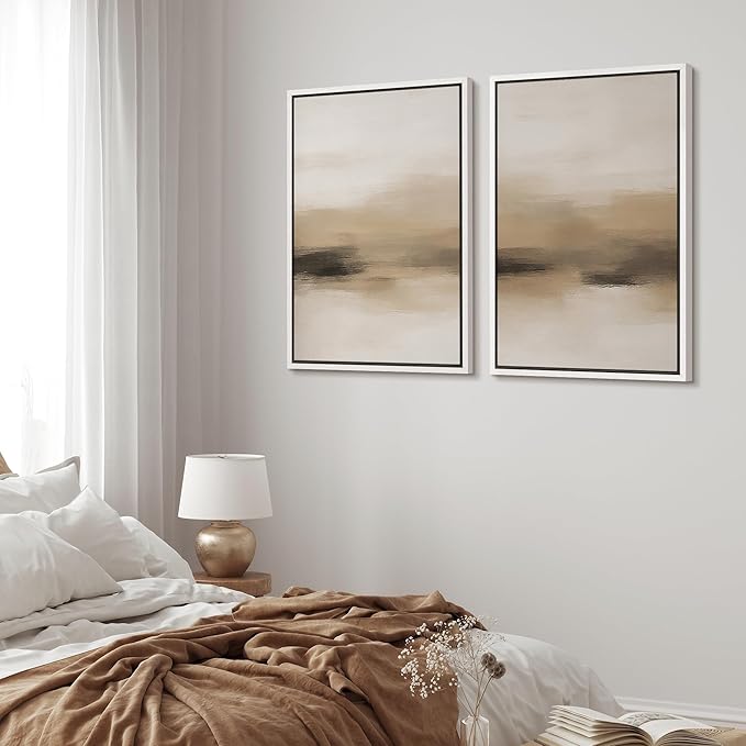 MUDECOR Framed Canvas Print Wall Art Abstract Neutral Beige Contemporary Minimalist Landscape Illustrations Modern Art Decorative Bohemian Colorful for Living Room, Bedroom, Office - 16"x24"x2 White