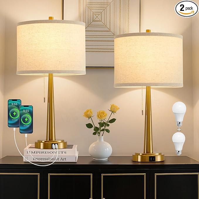 GyroVu 22 Inches Table Lamps, Bedside Lamps with USB and C Ports, Nightstand Lamp with Pull Chain, Gold Lamp Set of 2 for Living Room, Bedroom & Office, Bulbs Included(Gold)
