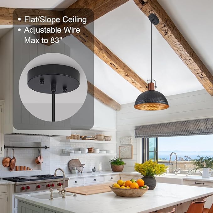 12 Inch Black Pendant Lights Hammered Matte Pendant Lights for Kitchen Island Industrial Farmhouse Adjustable Height Dome Hanging Light Fixtures for Barn, Dining Room 2 Packs