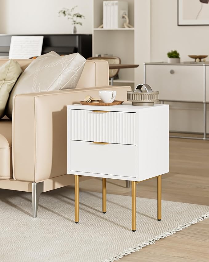 Nightstand,Morden Bedside Table with Gold Frame,Small White Night Stand,End Table,Bedside Furniture,Side Table with Drawer and Shelf for Bedroom,Living Room (2Drawers, White)