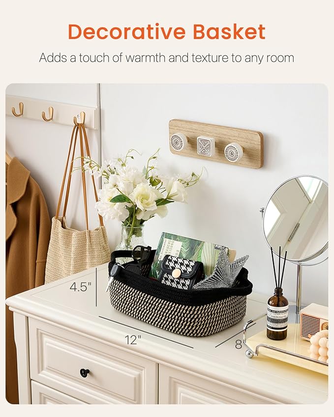 KALLAX Small Woven Basket, 12 x 8 x 4.5 Inches, Small Storage Baskets for Organizing, Gift Baskets Empty, Cute Rope Shelf Closet Storage Bins for Shelves, Dog Toy Basket, Black & Brown