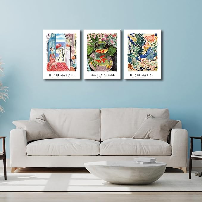 Wieco Art Canvas Wall Art Set of 3 Henri Matisse Aesthetic Posters Woman with A Red Umbrella Goldfish Landscape at Collioure Art Exhibition Matisse Prints Posters for Home Decorations