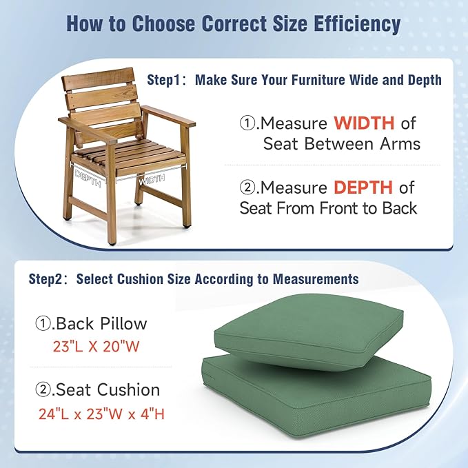 Outdoor Chair Cushions 23" x 24" x 4", Patio Deep Seat Replacement Cushions Set with Zippered Removable Cover, Weather-Resistant Olefin Fabric for Garden Chair Sofa Couch, Set of 6, Green