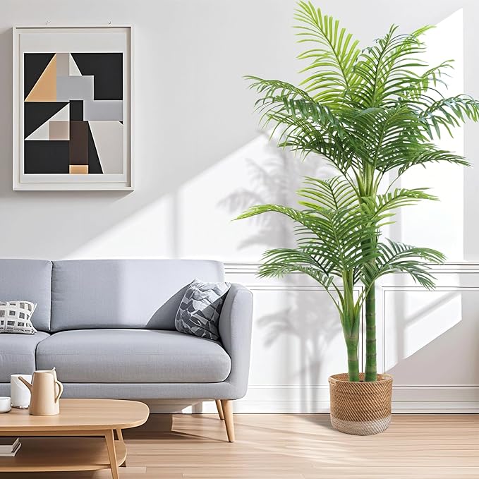 5FT Artificial Golden Cane Palm Tree – Realistic Faux Indoor & Outdoor Plant with Weighted Pot, UV Resistant & Easy Assembly Plastic Tropical Tree for Home or Office Décor