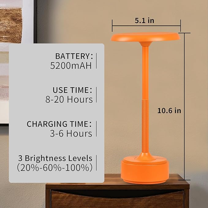 5200mAh Rechargeable Cordless LED Table Lamps Touch Sensor Light, 3-Levels Portable Dimming Wireless Battery Operated Lamp,Night Light/Restaurant Table/Outdoor/Coffee/Bar (Orange)